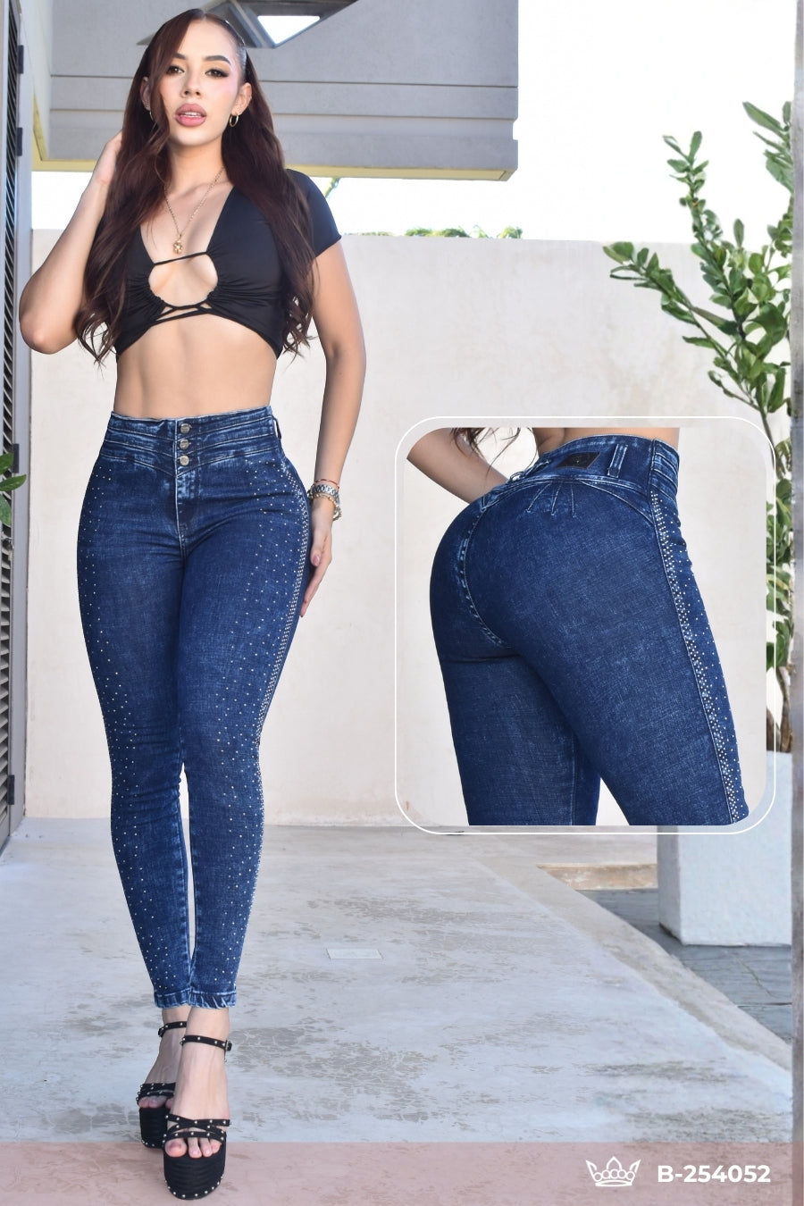 JEANS SKINNY CON PEDRERIA, LEVANTA COLA  REF. B-254052